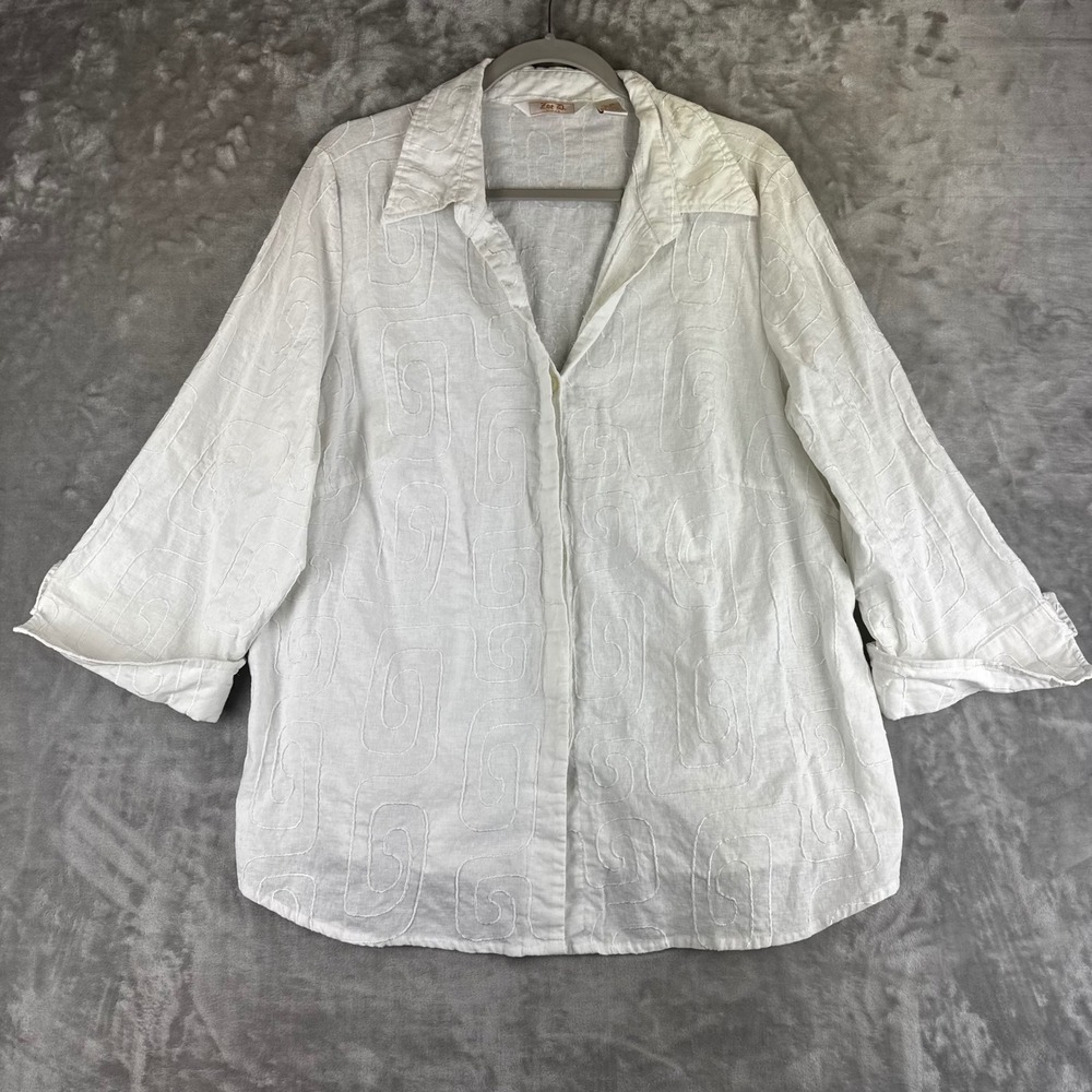 Zoe D. Button Down Shirt Womens 2X White Linen Blend Embroidered Swirl (1588)